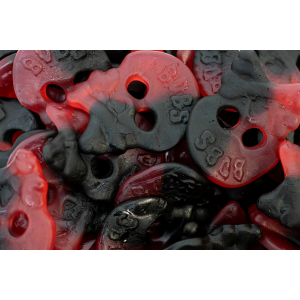 Bubs Raspberry Licorice Skulls schepsnoep 100 gram Bubs Raspberry Licorice Skulls schepsnoep 100 gram